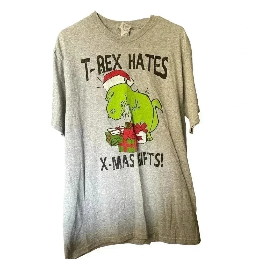 T REX HATES X-MAS GIFTS! SIZE LARGE GRAY TEE